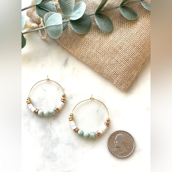 Turquoise, Gold and White Beaded Bohemian Gold Hoops - Picture 3 of 3